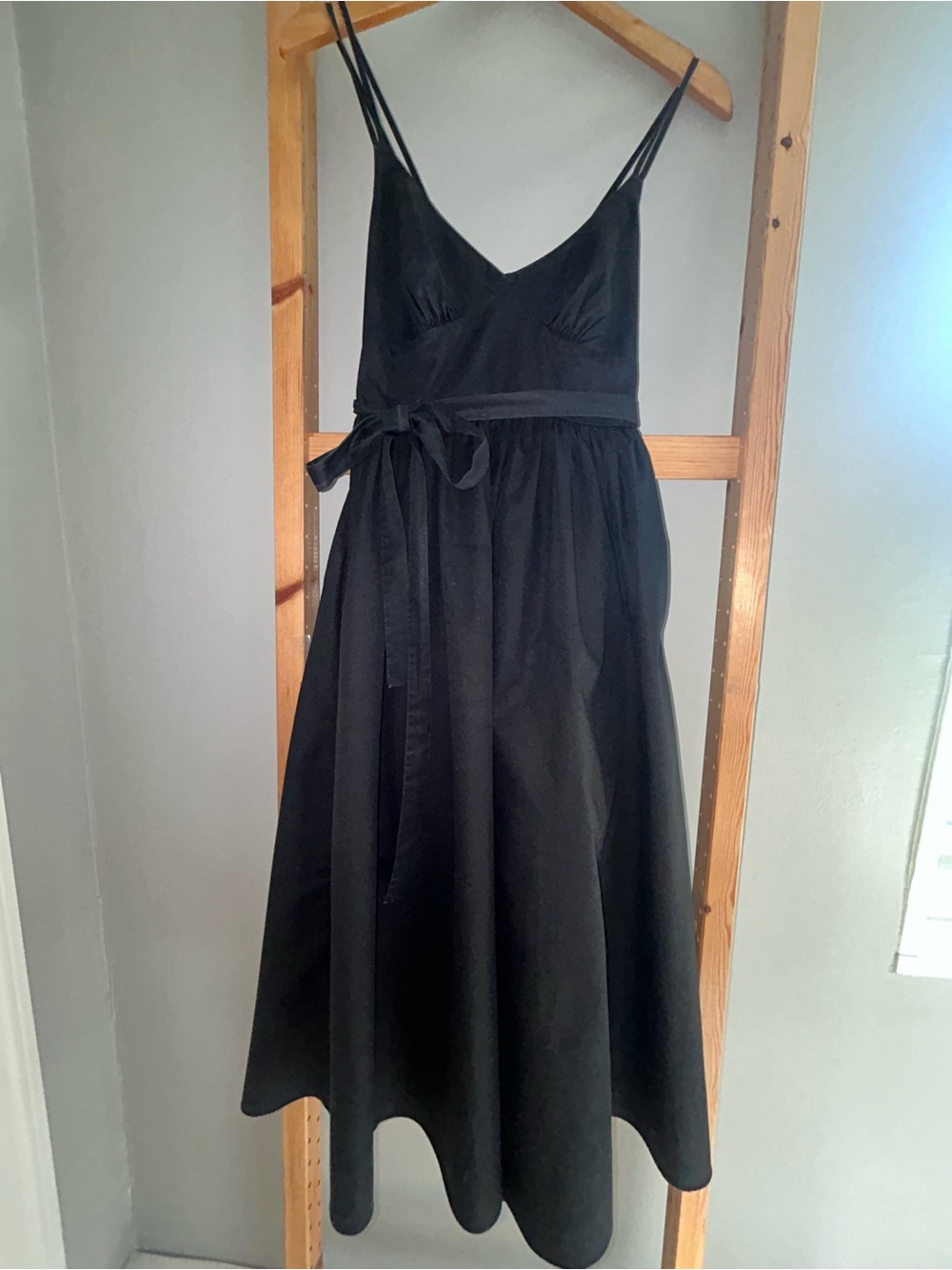French Connection Black Spaghetti-Strap Midi Wrap SunDress with Waist Tie